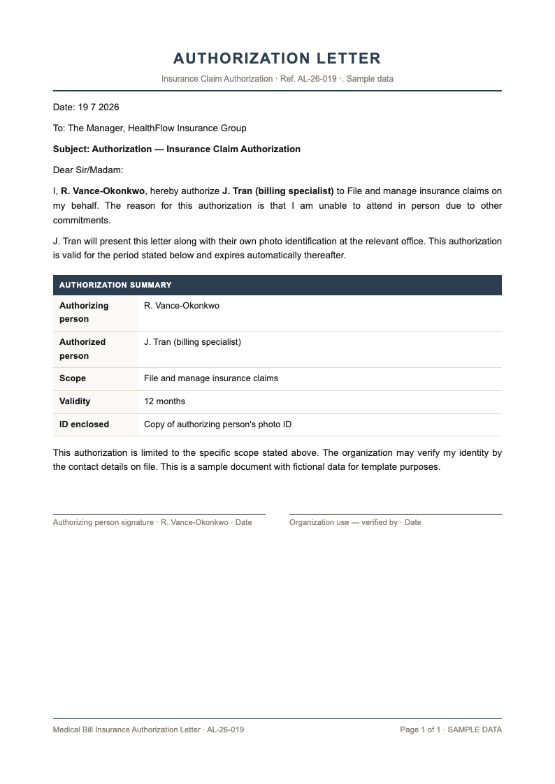 Medical bill insurance authorization letter